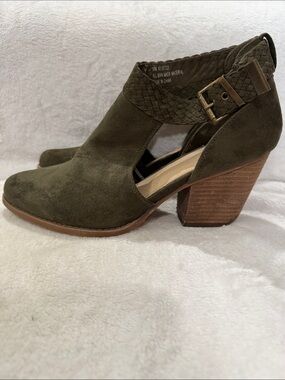 Olive Suede Cutout Block Heel Booties with Braided Ankle Strap